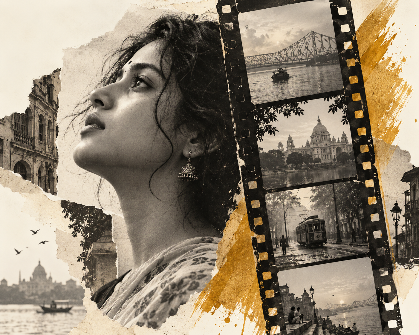Cinema collage with a portrait, film strip and Kolkata architecture